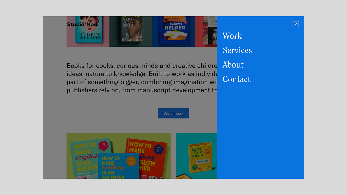 Screenshot of the website with the main navigation visible, it is a large blue sidebar on the right with Work, Services, About & Contact as text links.